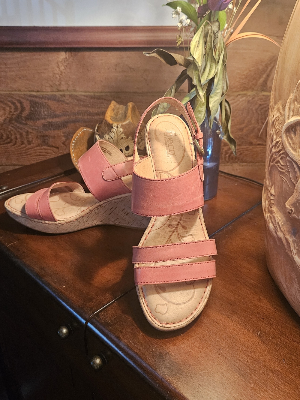 Born Pink Leather Wedge Sandals